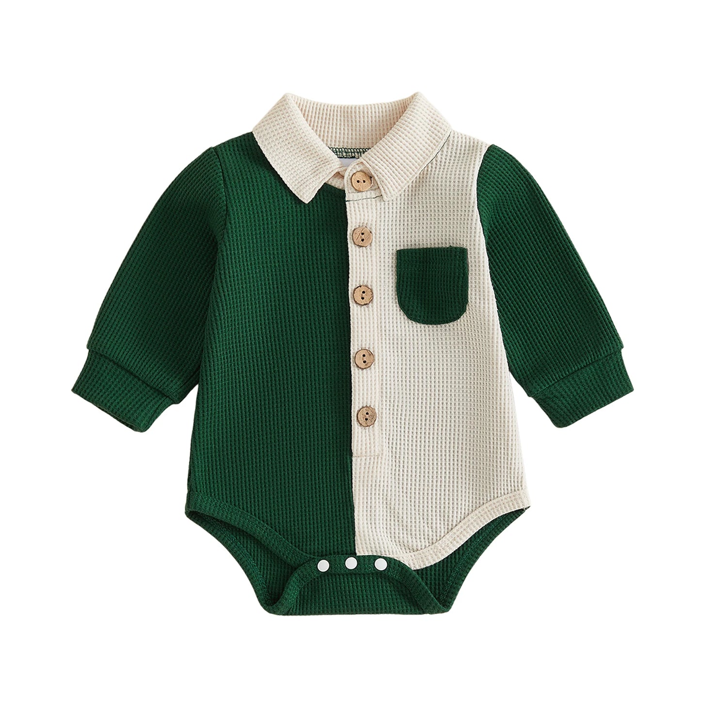 Long Sleeve Button-Up-Romper for Baby-Boys-Waffle fabric with Collar brings comfort to baby in cooler weather.