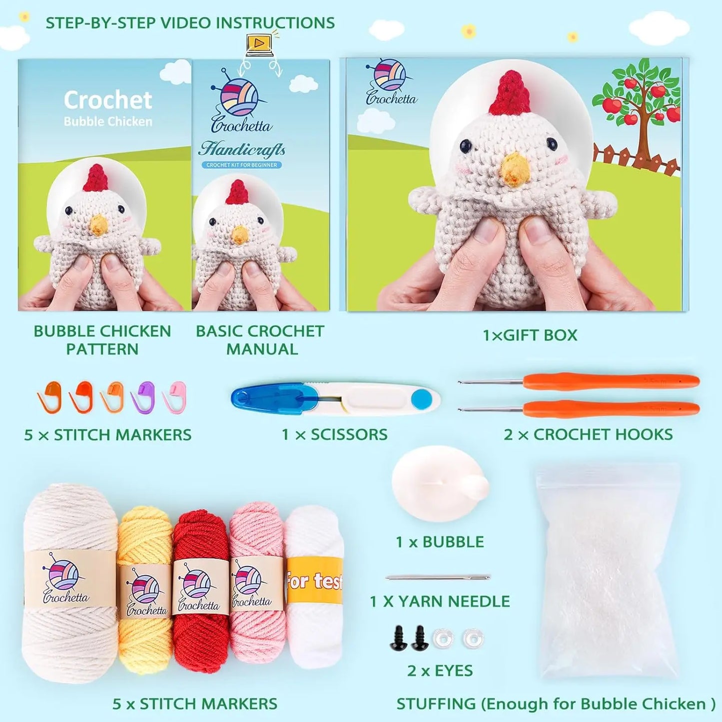 Beginner Crochet Kit with Video Tutorials, Squeeze Bubble chicken,  Craft set for Adults & Kids