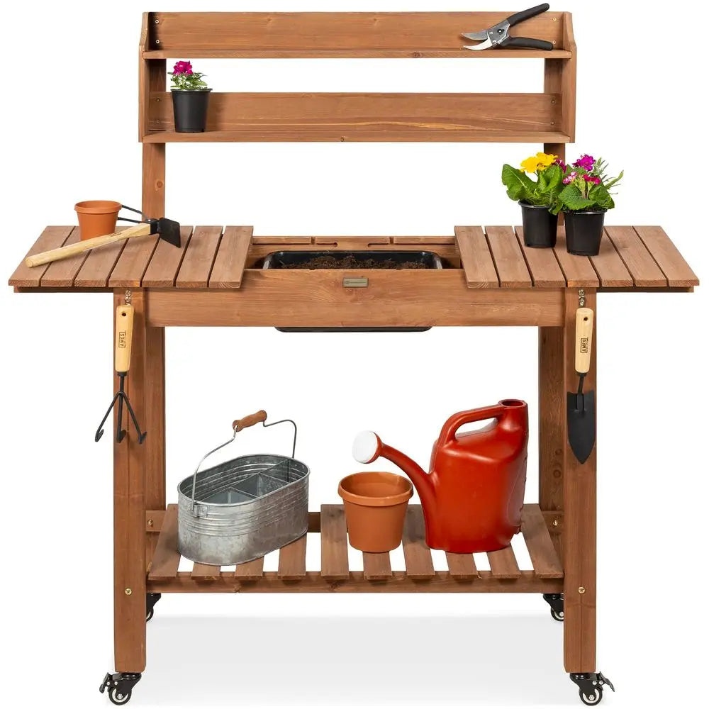 Mobile Garden Potting Bench, Outdoor Wood Workstation Table w Sliding Tabletop, 4 Locking Wheels, Food Grade Dry Sink, Storage