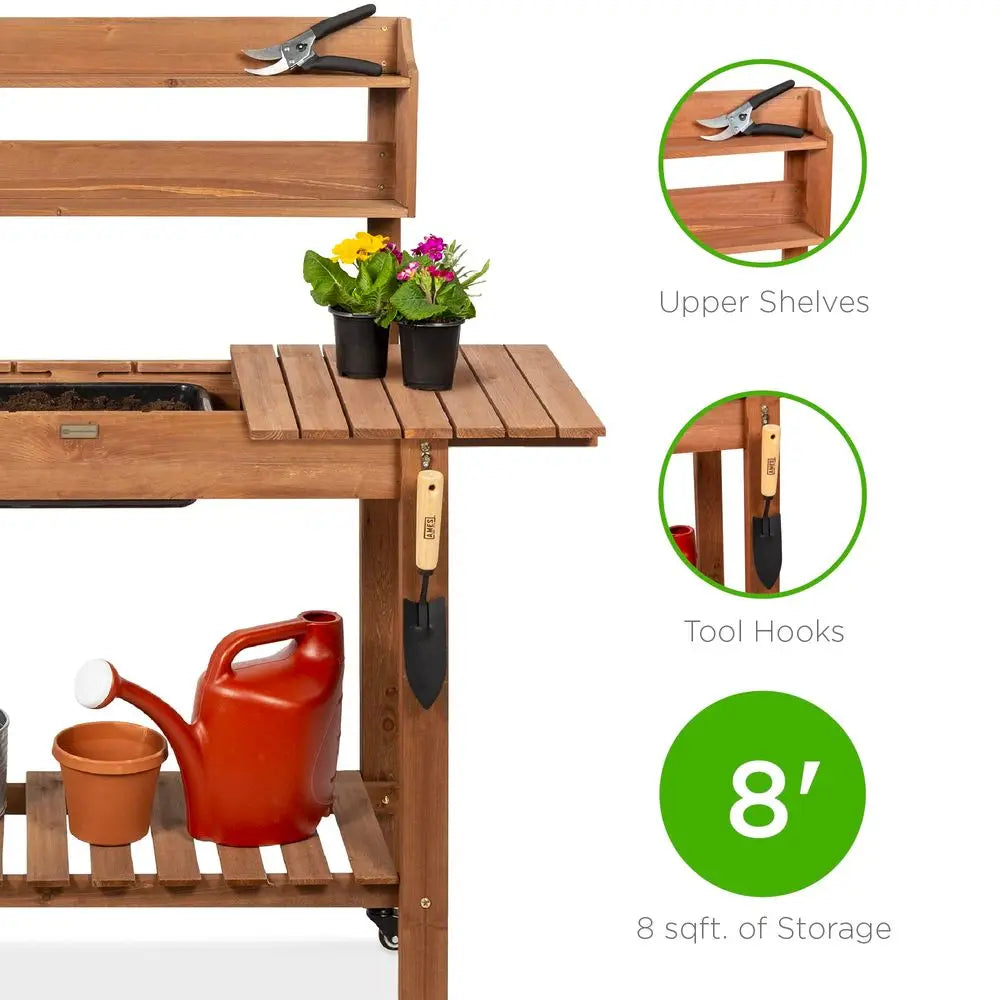 Mobile Garden Potting Bench, Outdoor Wood Workstation Table w Sliding Tabletop, 4 Locking Wheels, Food Grade Dry Sink, Storage