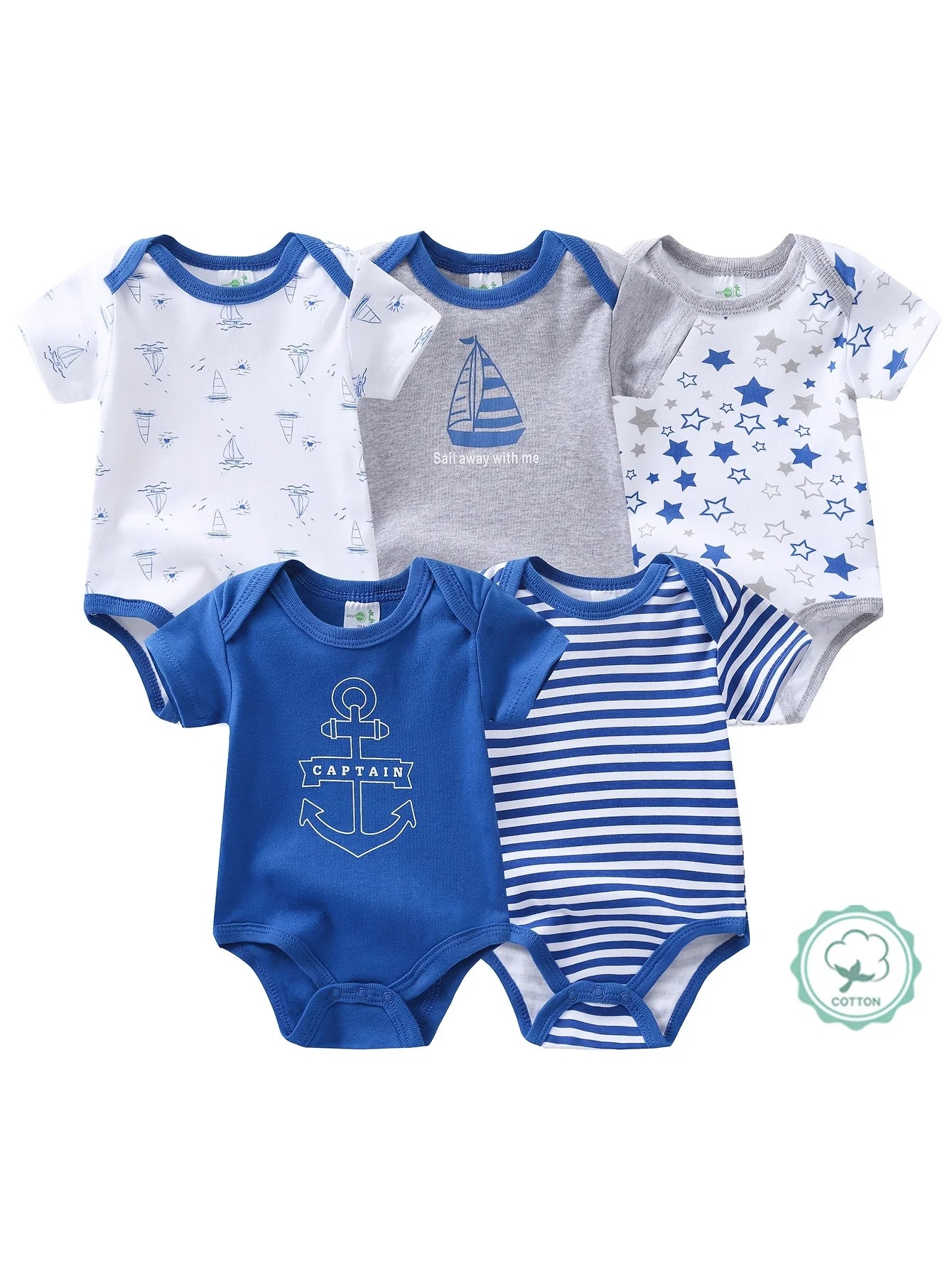 5pcs Baby Boy Bodysuits, Short Crawler Onesies, with Sailboat Pattern, Soft Breathable Casual Infant Clothes, infant sizes 0-12 months.
