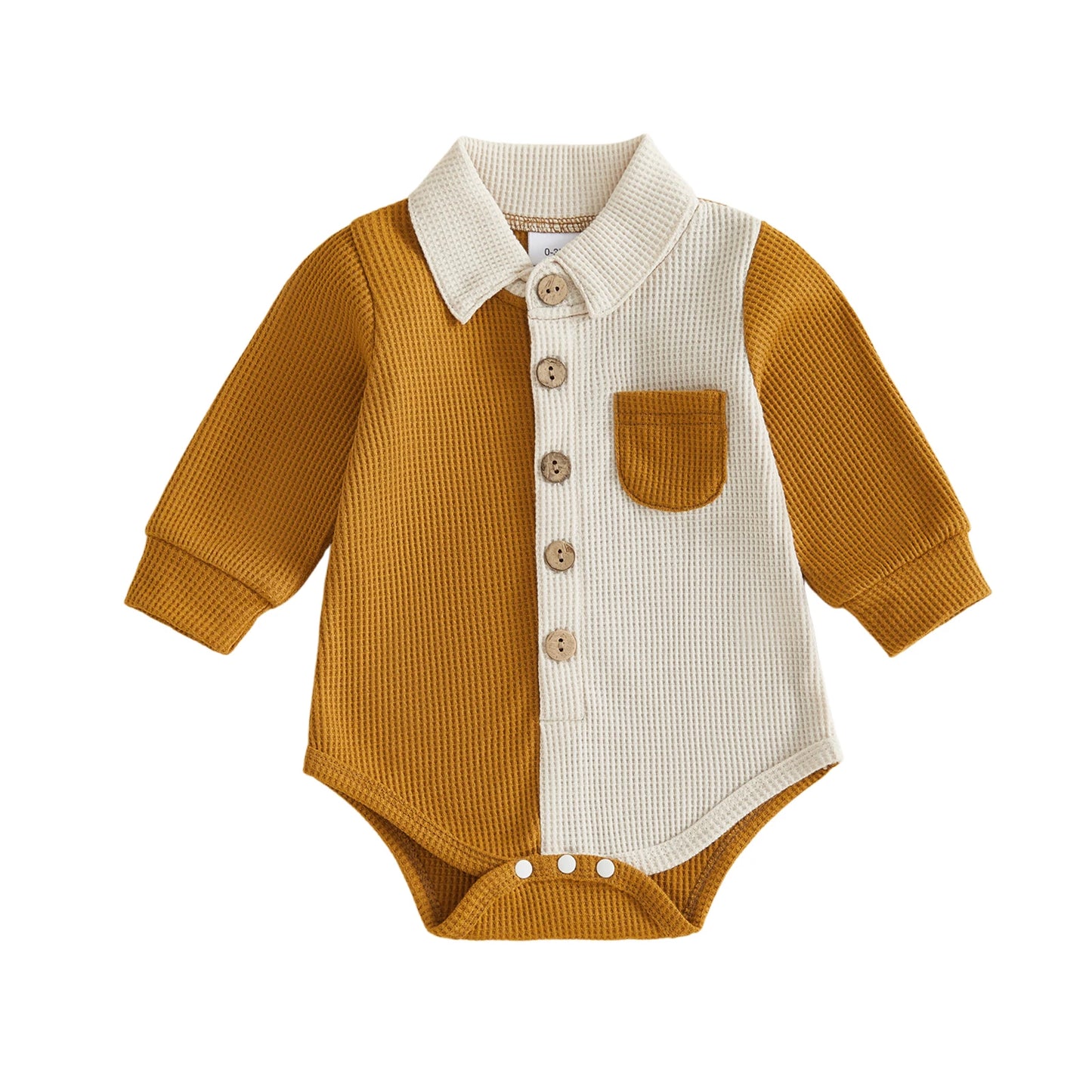Long Sleeve Button-Up-Romper for Baby-Boys-Waffle fabric with Collar brings comfort to baby in cooler weather.