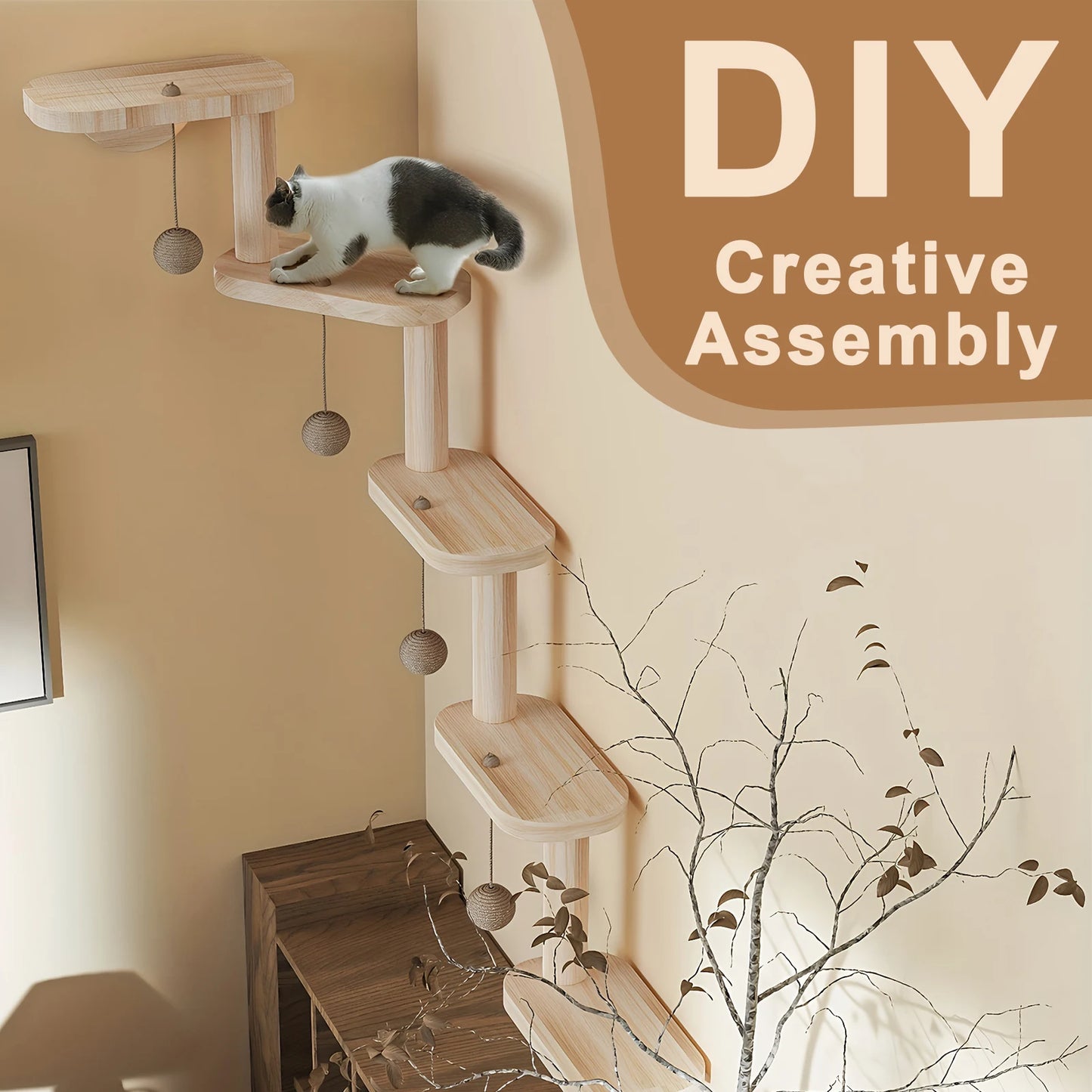 Five Layer Wooden Cat Climbing Frame that is Wall Mounted for Kitty Exploration