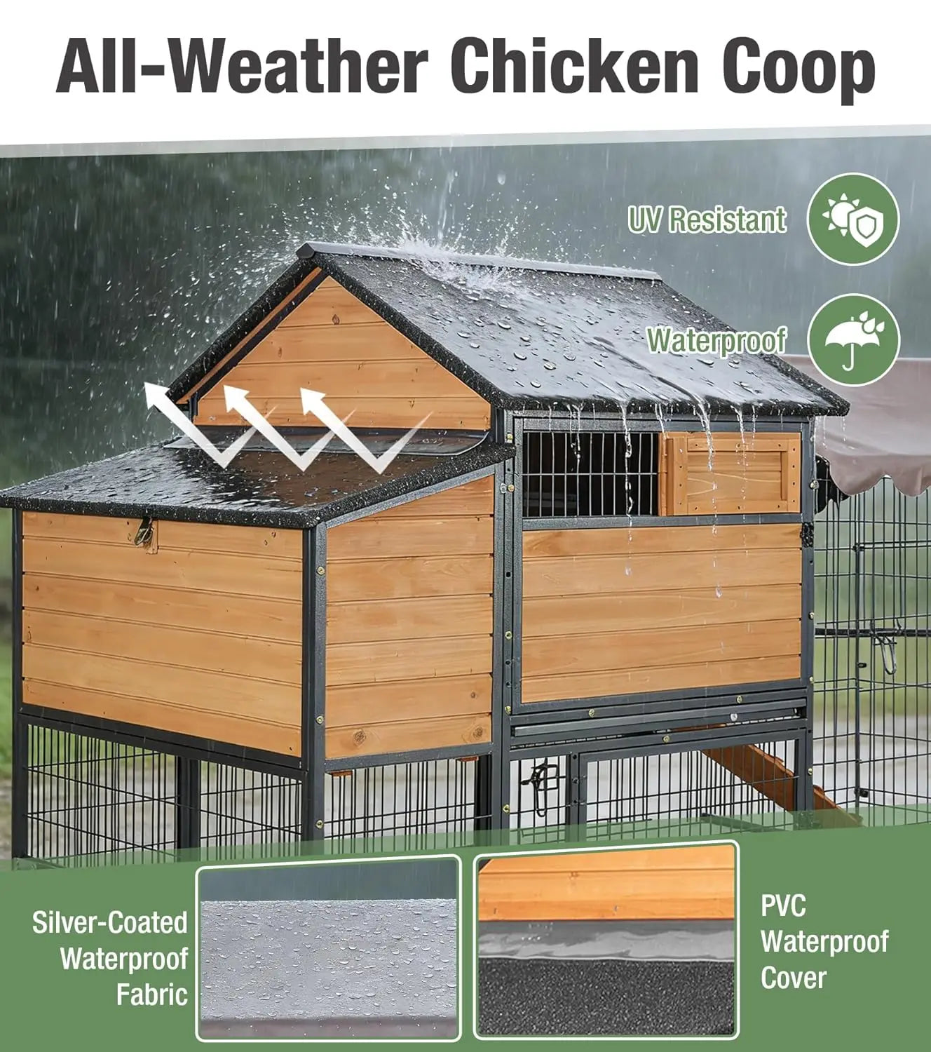 Mobile Chicken Coop with Run and Vent Window, Lockable, Waterproof