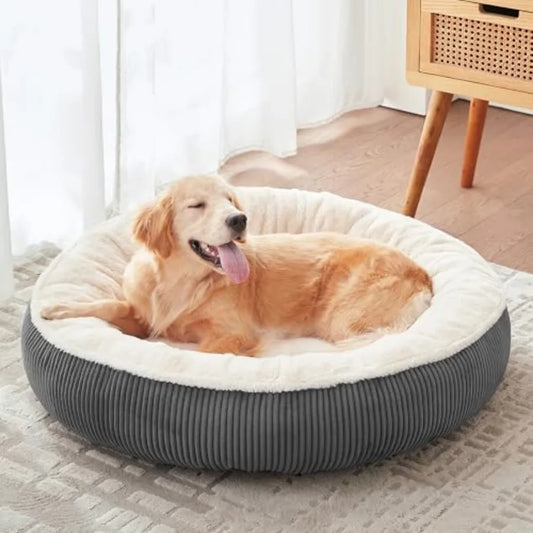 36 inches Donut Dog Bed for Large Dogs - Calming Round Pet Bed with Removable and Washable Cover, Plush Faux Fur and Corduroy