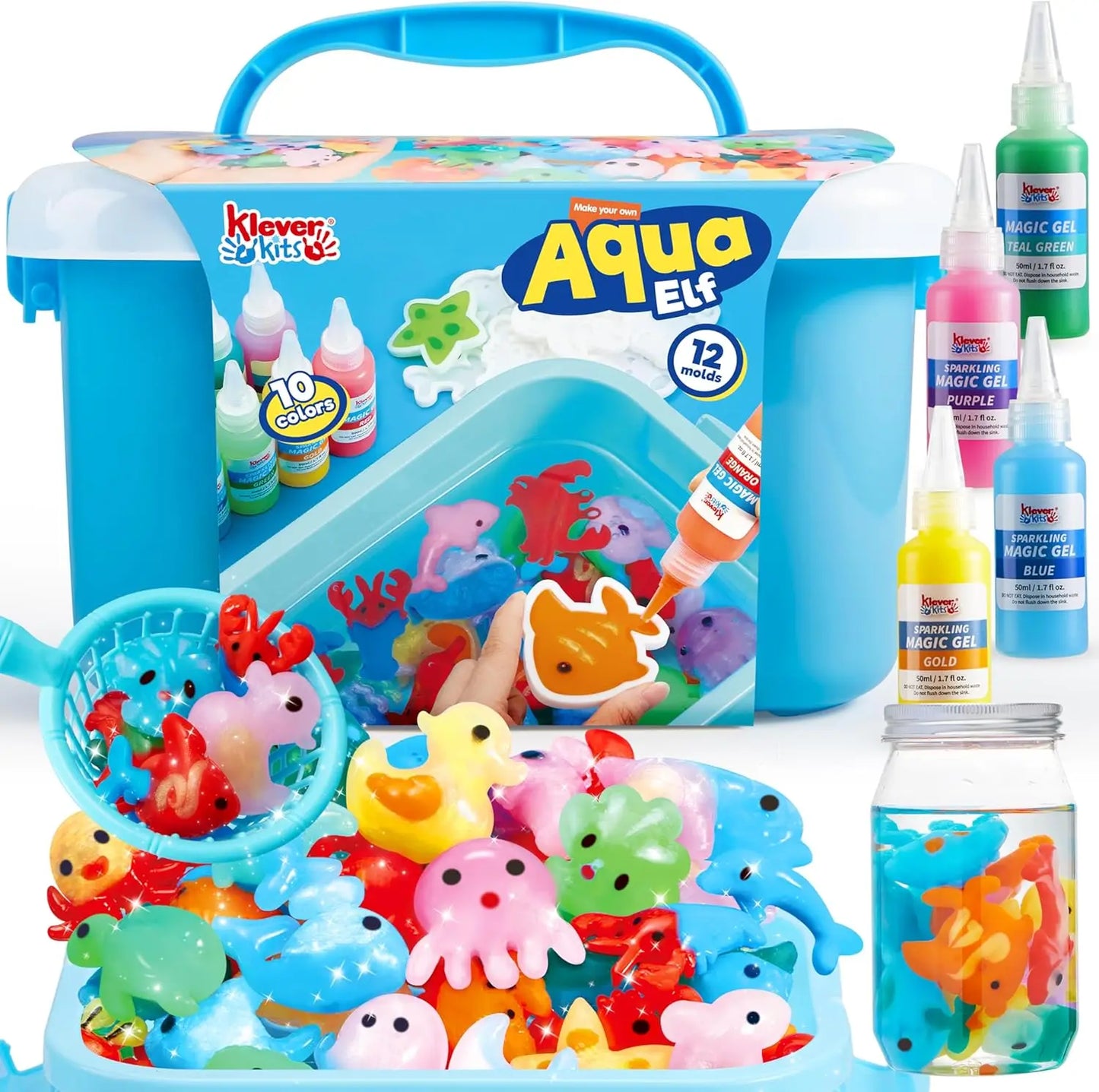 Water Gel Toy Kit with 10 Gel  Bottles for Kids that enjoy sensory play with hands.