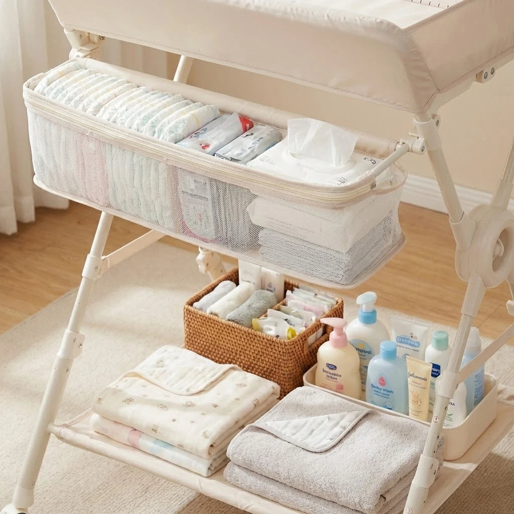 Portable Foldable Baby Changing Table With Wheels And Adjustable Height to Meet Baby's Needs in Family Spaces and Nursery.