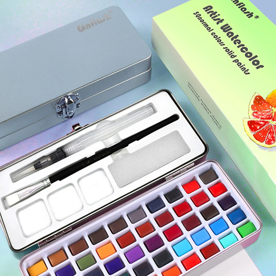 90 Color Watercolor Paint Set with Glitter, Portable Metal Case and squirrel hair brush, for creative learning and painting.