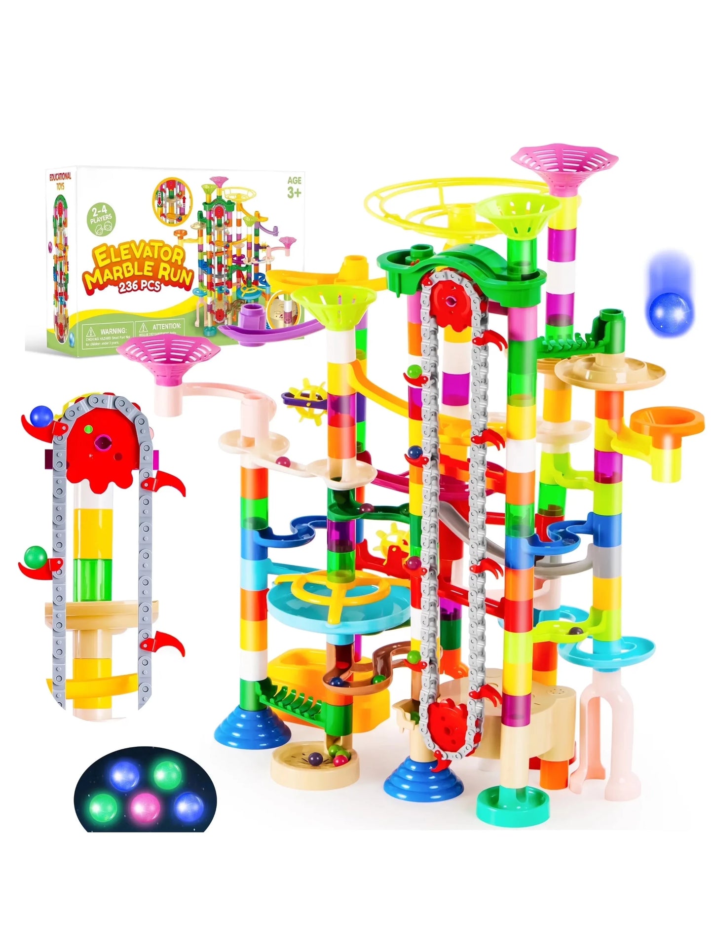 236 Pcs Glowing Marble Run with Motorized Elevator.  Construction Building Blocks. A STEM Educational Toy Set for Kid Ages 4-8